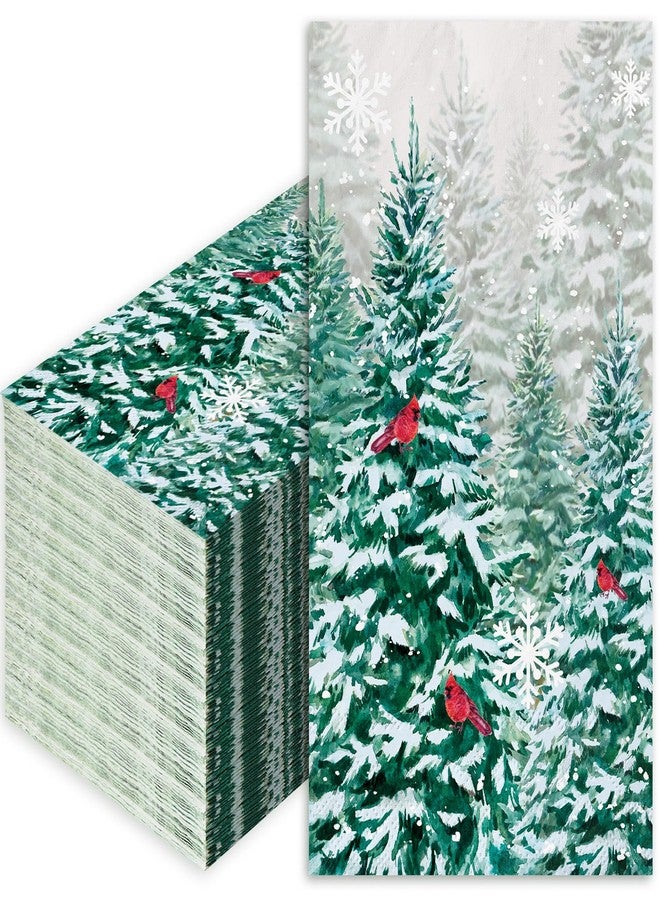 JarThenaAMCS مناديل جارثينا إيه إم سي إس الشتوية، 100 قطعة، للاستخدام مرة واحدة، مزينة بنقشة شجرة الصنوبر، غابة ثلجية شتوية، طائر الكاردينال الأحمر، مناشف يد، مناديل عشاء مزخرفة للحمام والمطبخ والمنزل وحفلات الأعياد - Image 1